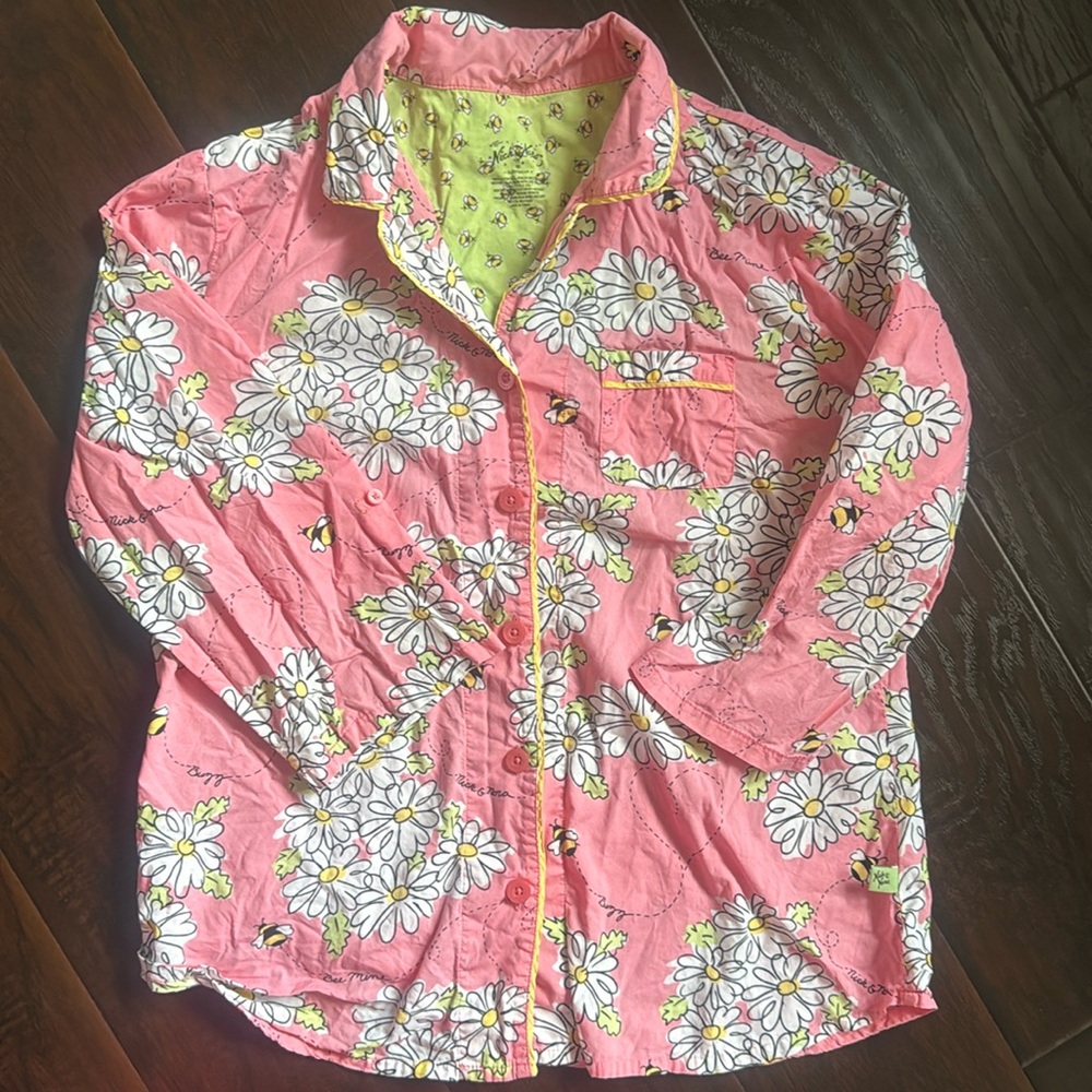 Nick and Nora Pajama (TOP ONLY) Bee Mine Medium 100% Cotton Salmon Pink